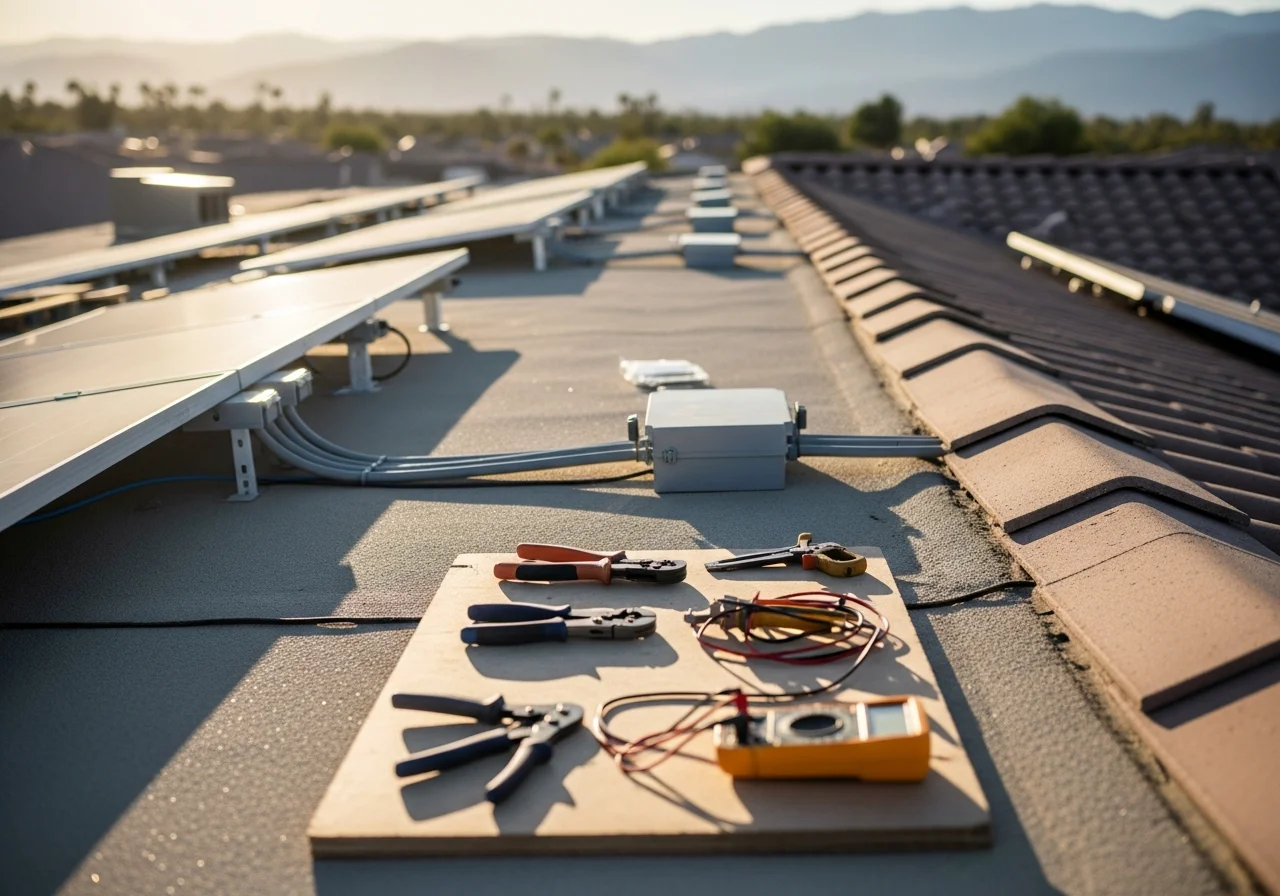 Solar installation crew with tools and equipment on a residential rooftop, demonstrating professional solar panel setup and electrical work.