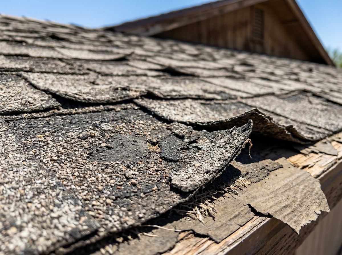 Asphalt shingle with granule loss and curling edges on a Palm Desert roof