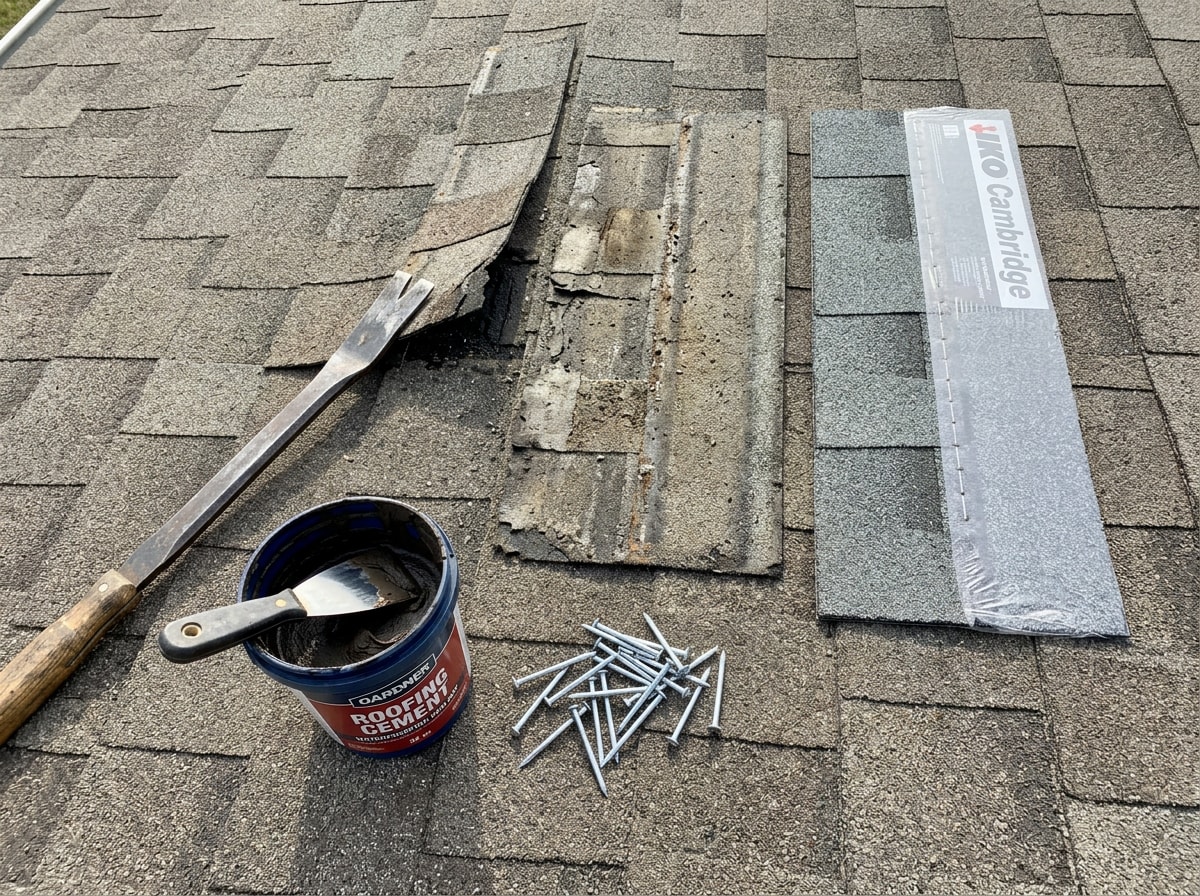 Step-by-step diagram showing how to remove and replace a single damaged asphalt shingle