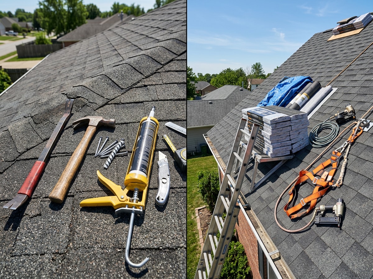 Comparison showing cost, speed, safety, and effectiveness differences between DIY and professional shingle roof repair