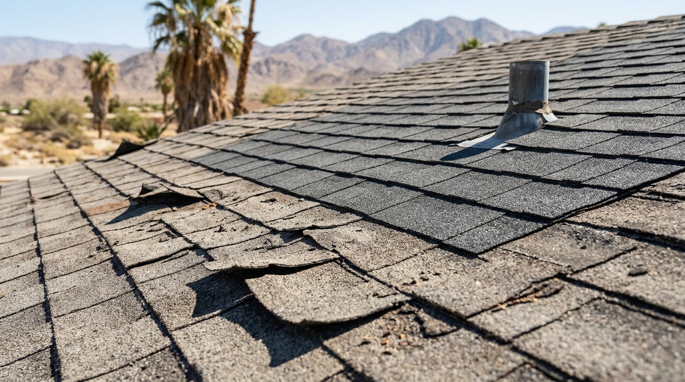 Asphalt shingle roof repair on a Palm Desert, CA home with desert mountains in the background