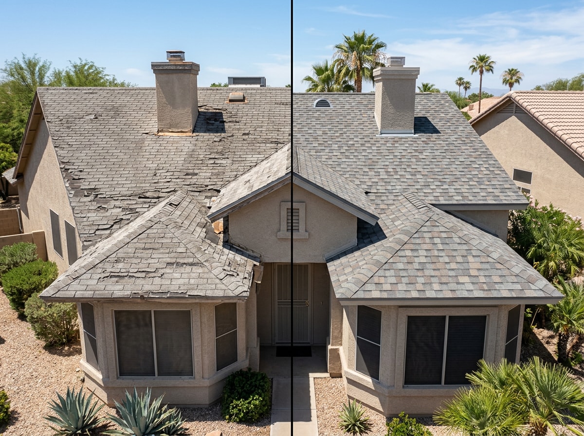Before and after photo of an asphalt shingle roof replacement project in El Centro, CA