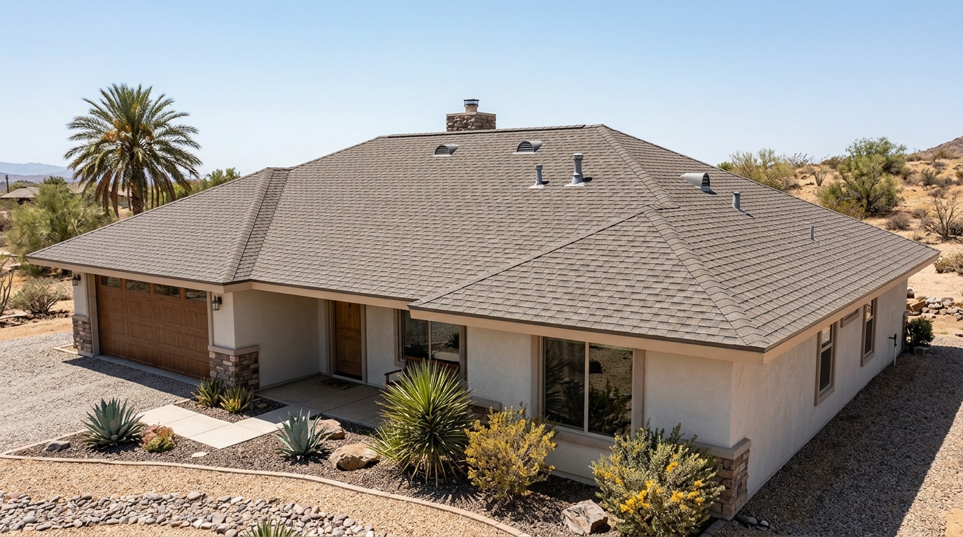 Finished asphalt shingle roof replacement on a home in El Centro, CA Finished asphalt shingle roof replacement on a home in El Centro, CA