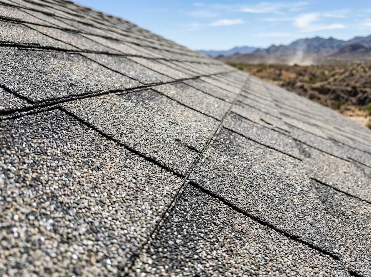 Close-up of cool-rated architectural shingles installed on a desert home roof in bright sunlight