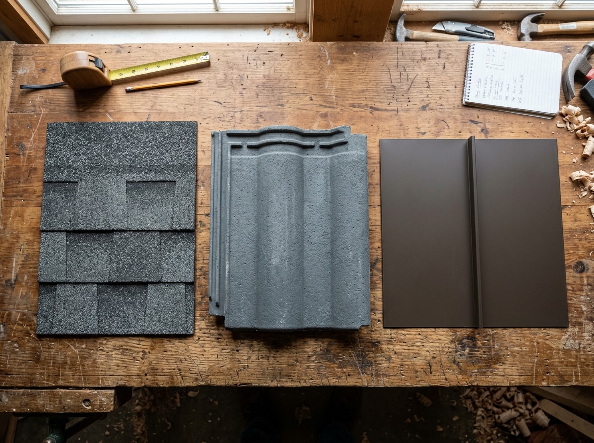 Side-by-side comparison of asphalt shingle, tile, and metal roofing samples laid out on a workbench