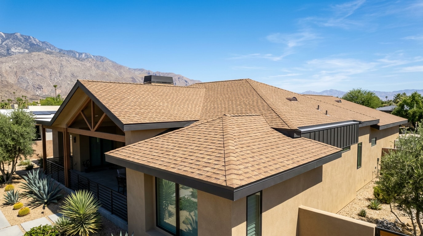 Finished architectural shingle roof on a desert home under bright sun in Thousand Palms, CA