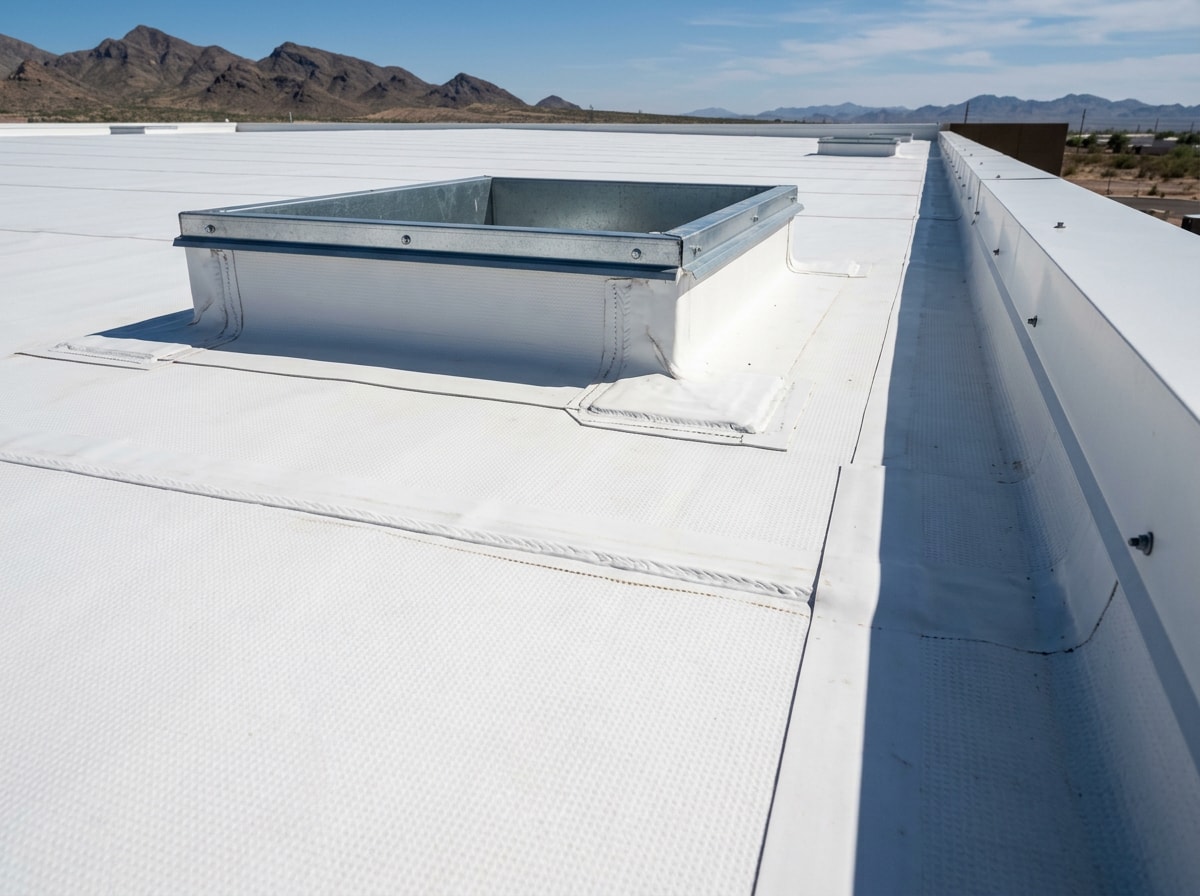 TPO commercial roof membrane installed on a flat Palm Springs building with HVAC curbs