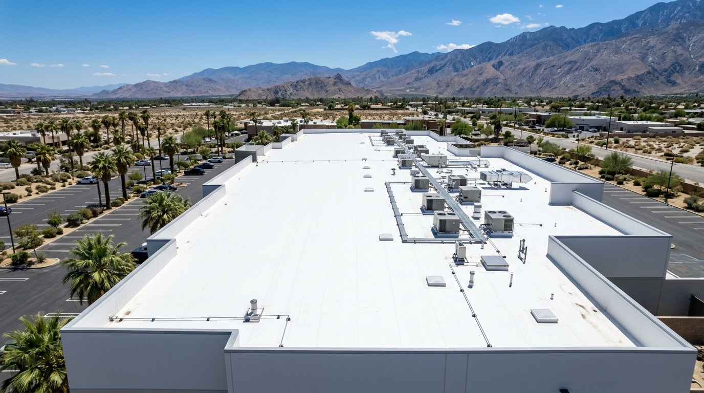 Freshly installed white TPO commercial roof on a flat-roof building in Palm Springs, CA