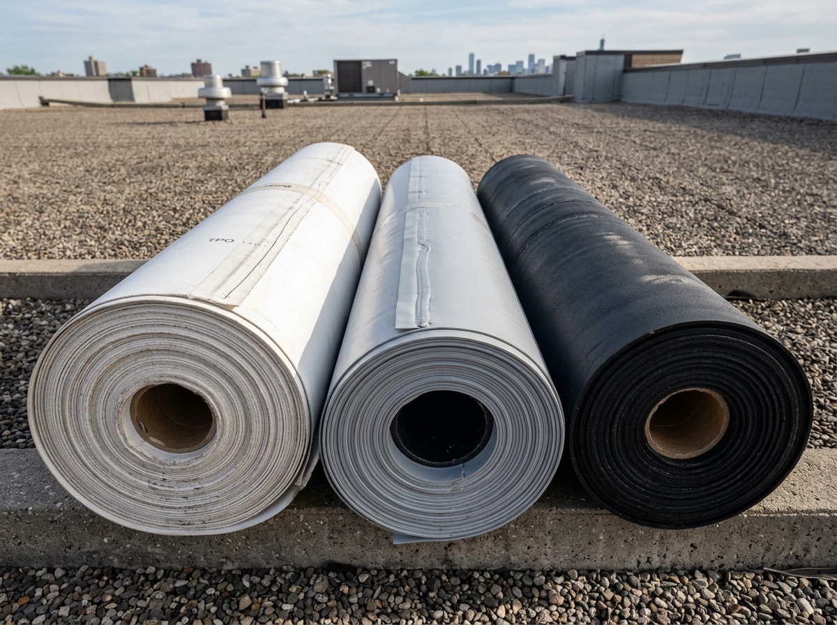 Rolls of TPO, PVC, and EPDM commercial roofing membrane staged on a flat rooftop