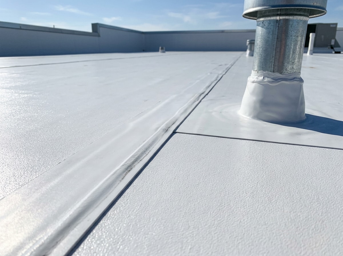 Finished TPO commercial roof membrane with clean heat-welded seams and no visible wear