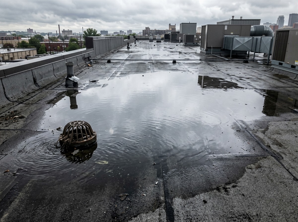 Standing ponding water pooling on a flat commercial roof membrane after rainfall