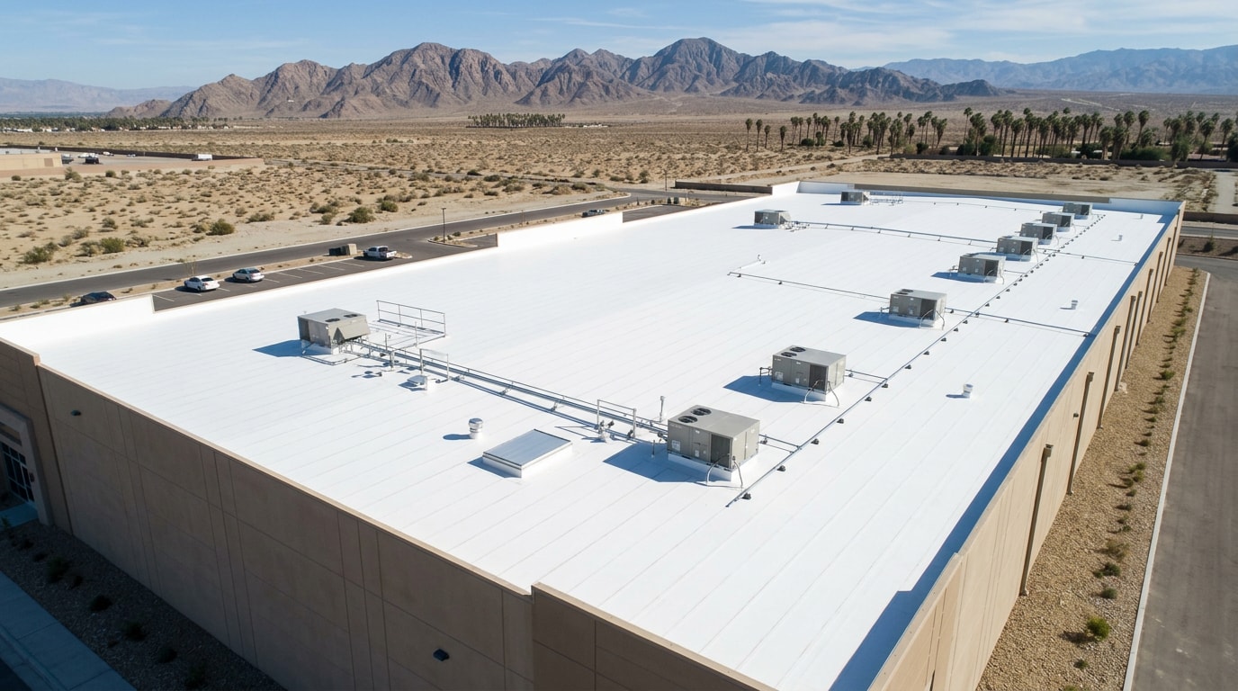 Finished white TPO commercial flat roof installation in a desert setting Finished white TPO commercial flat roof installation in a desert setting