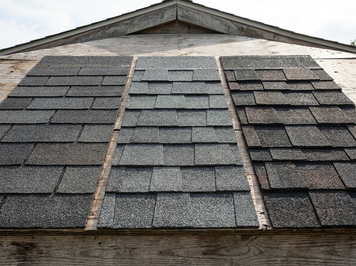Close-up comparison of three-tab, architectural, and designer shingle profiles on a commercial roof