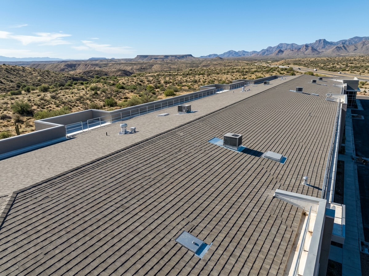 Commercial building roof showing architectural shingle color and style options after installation