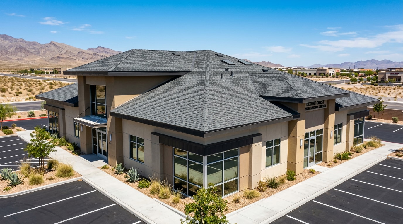 Finished commercial shingle roof installation on a desert commercial building in Brawley, CA
