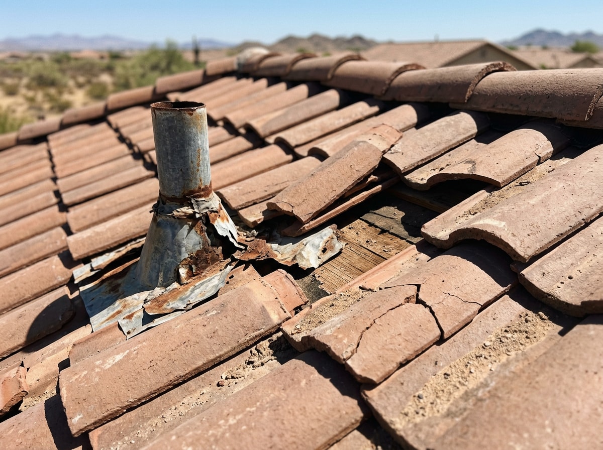 Storm-damaged roof tile and cracked flashing on a residential home in Indio, CA
