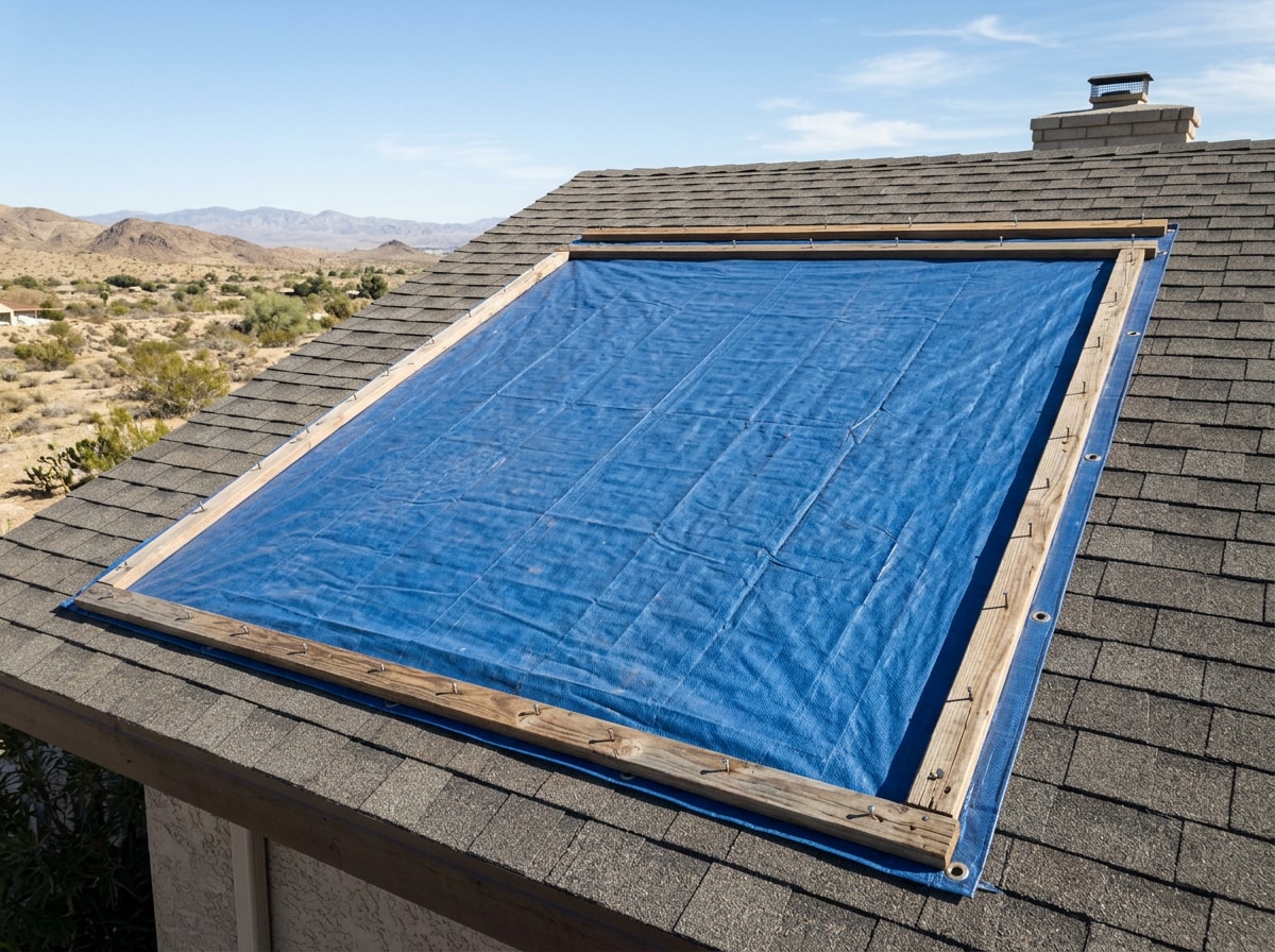 Professionally installed tarp covering a damaged section of a roof in Indio, CA