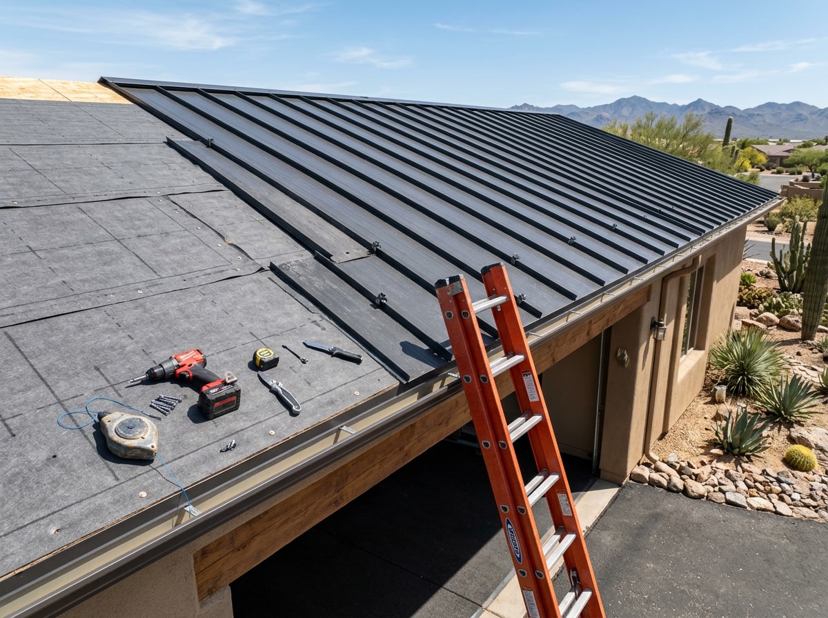 Roofing crew installing standing seam metal panels on a residential roof