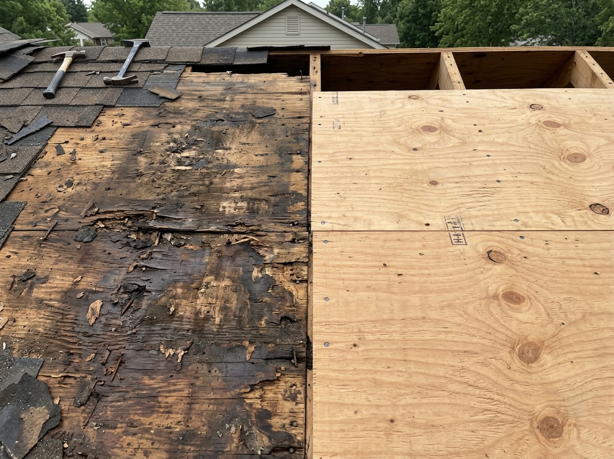 Side-by-side comparison of rotted plywood roof decking next to sound, solid plywood decking exposed under removed shingles