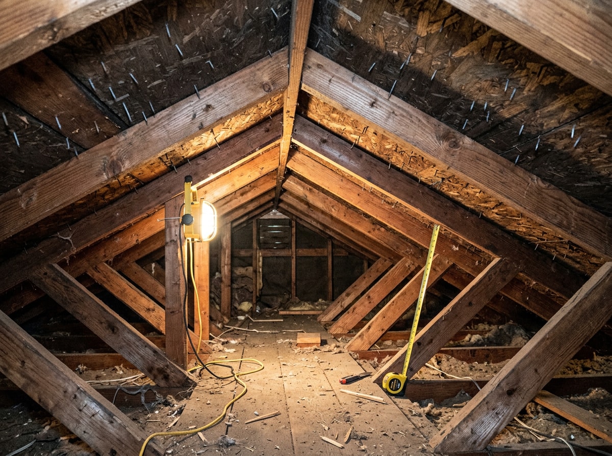 Roofing contractor inspecting attic rafters and sheathing before starting a metal roofing installation