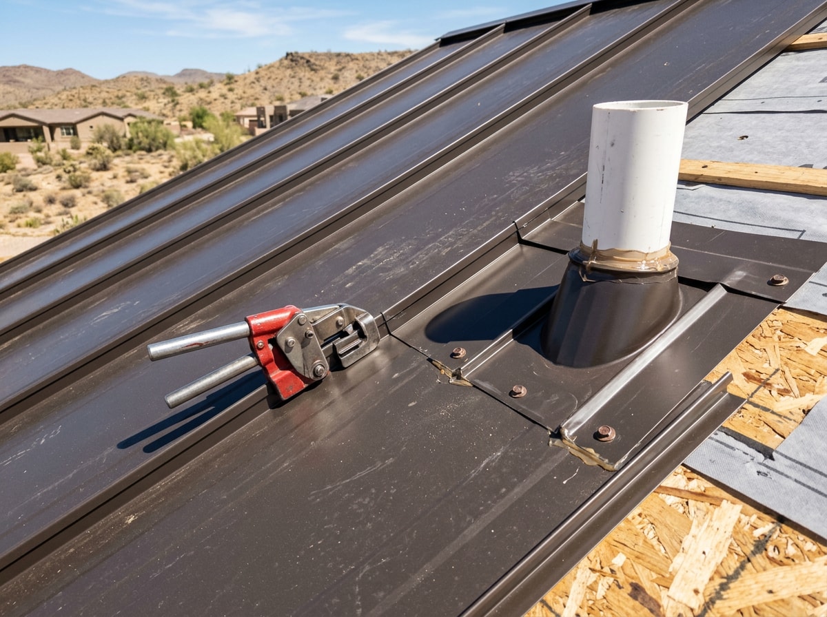 Standing seam metal roof panels installed on a desert home in Thousand Palms, CA
