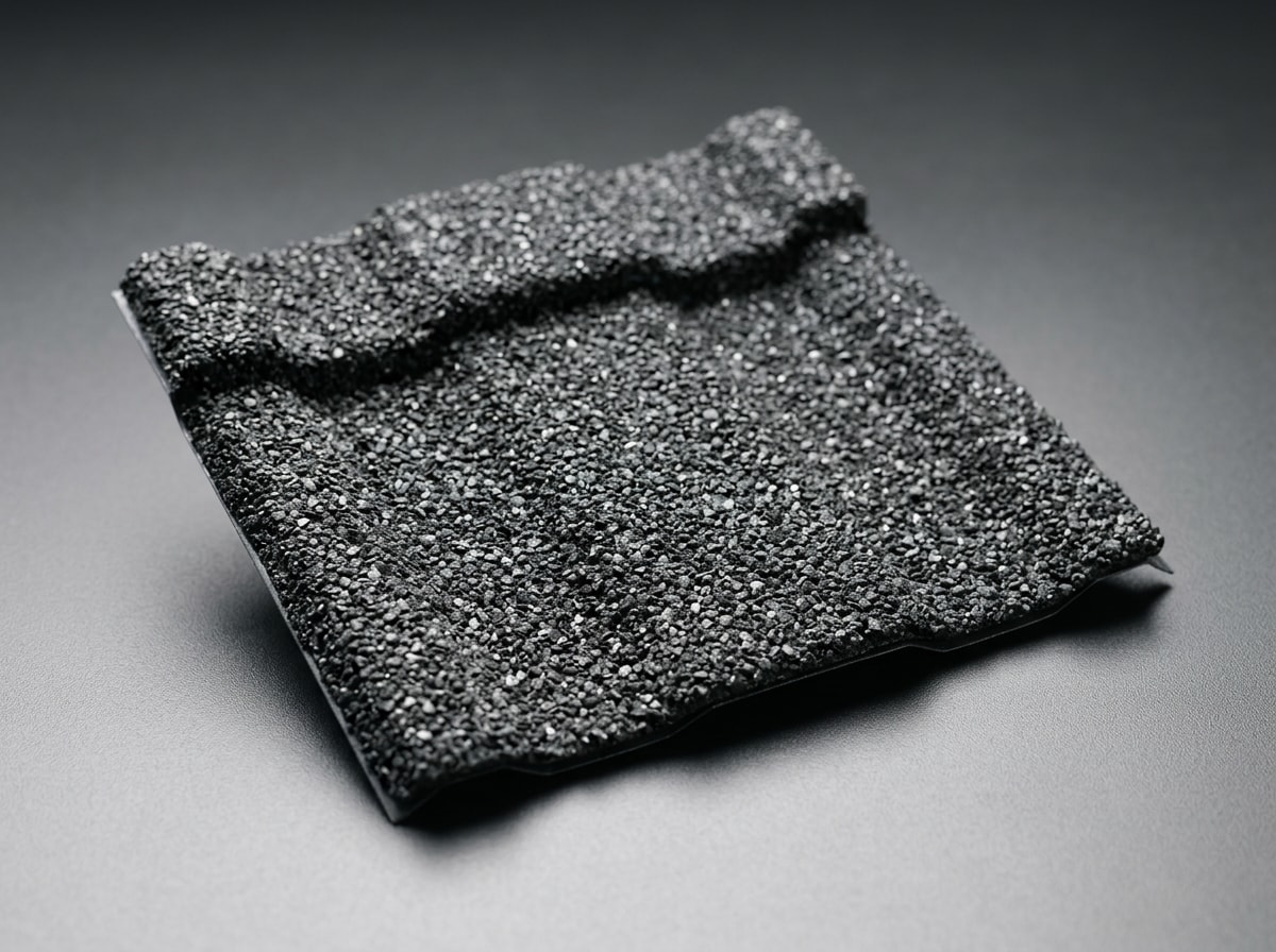 Close-up of a stone-coated steel roofing panel showing texture and reflective coating