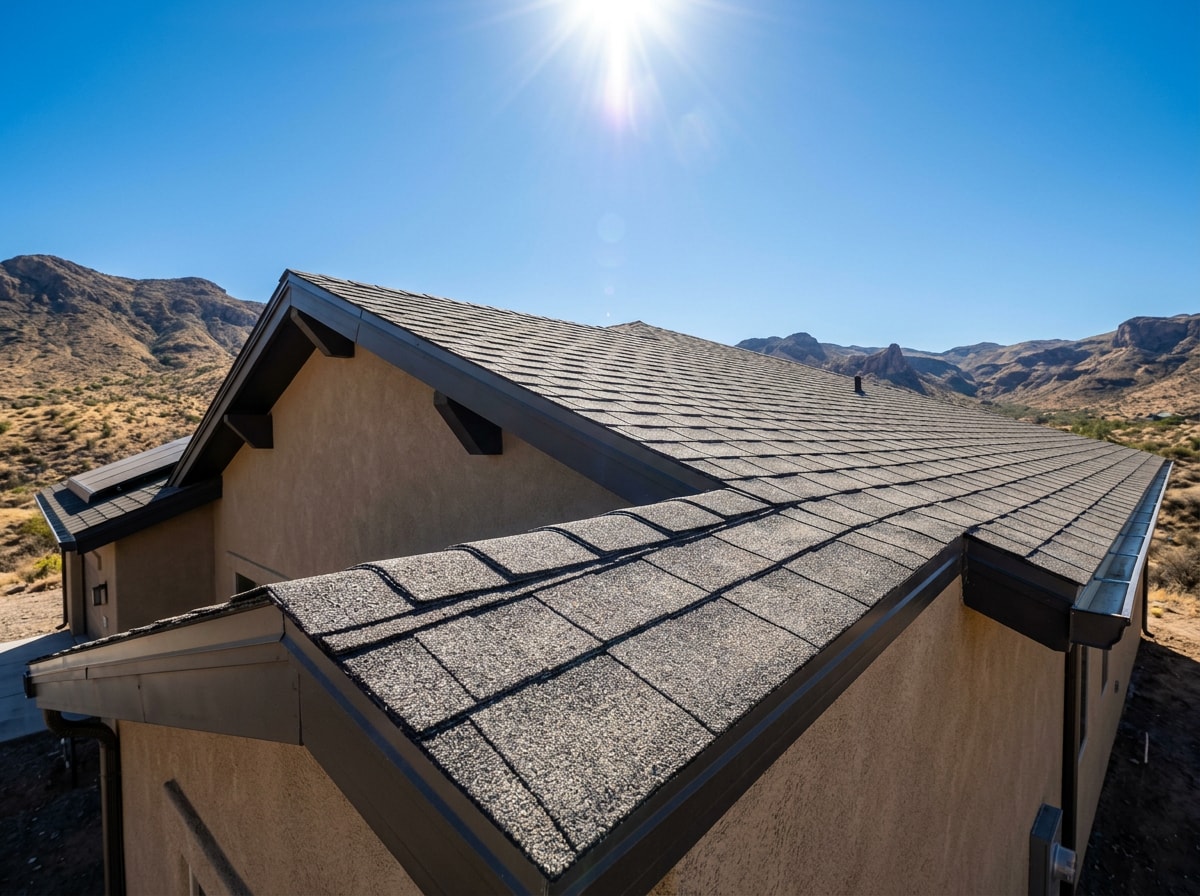 Newly replaced residential roof on a desert home near the Salton Sea under a clear blue sky