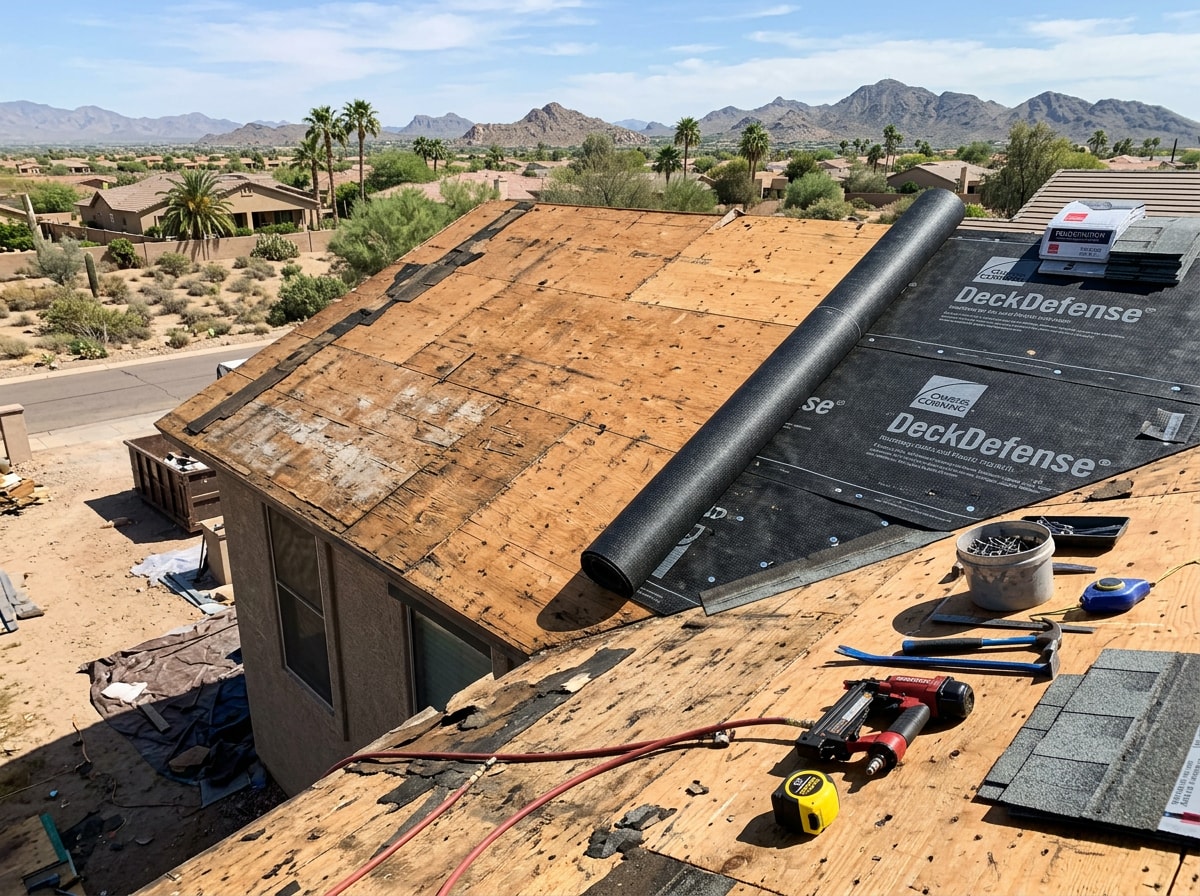 Roof deck and underlayment exposed during tear-off before new roofing material is installed