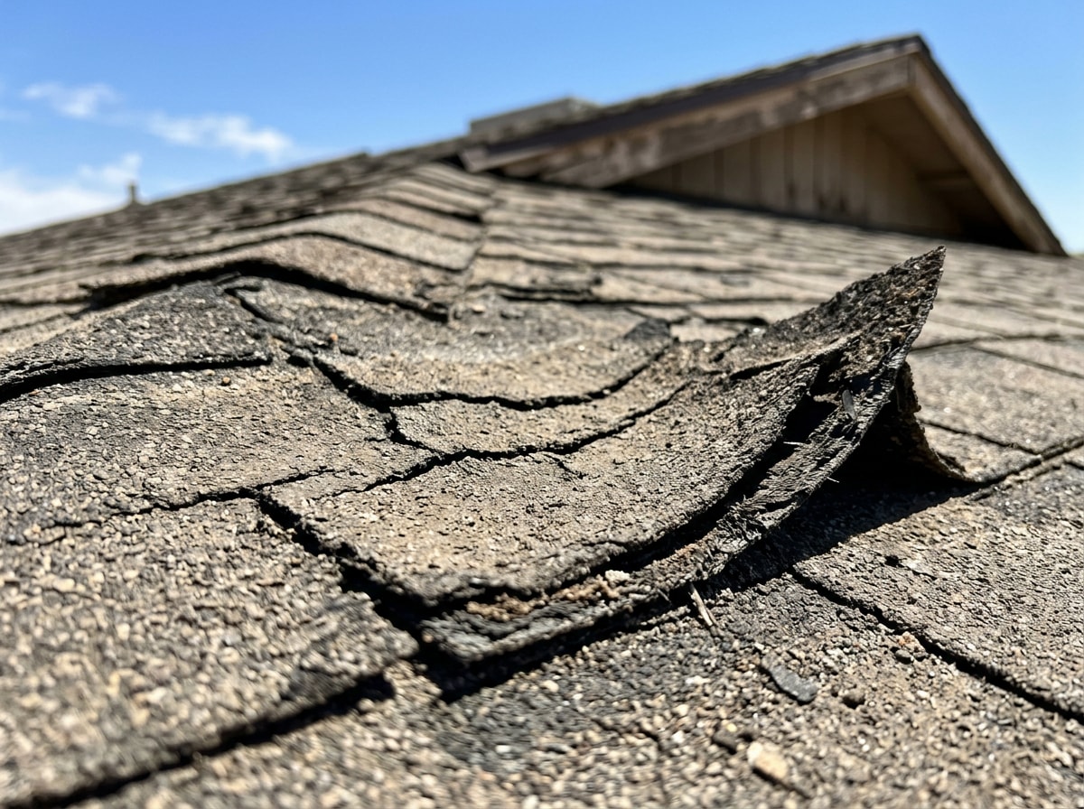 Close-up of curling and cracked asphalt shingles showing signs of roof damage on an El Centro, CA home