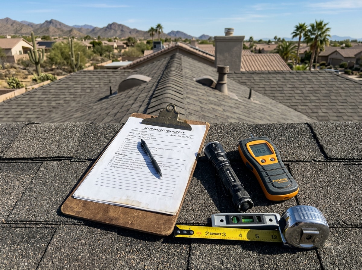 Roofing technician inspecting shingles on a residential rooftop in El Centro, CA