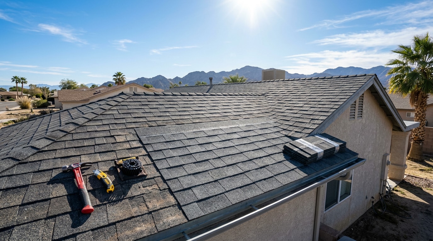 Freshly repaired asphalt shingle roof section on a desert home in El Centro, CA