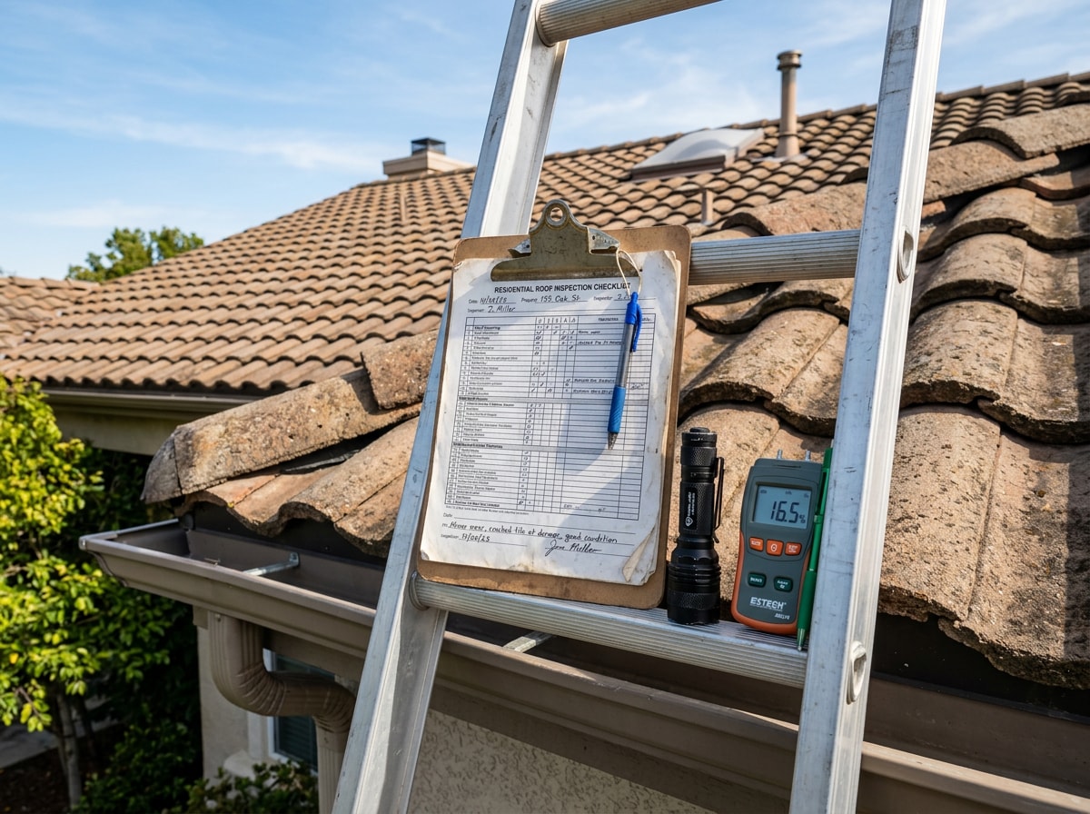 Roofing inspector examining shingles during a free roof inspection in Indio, CA