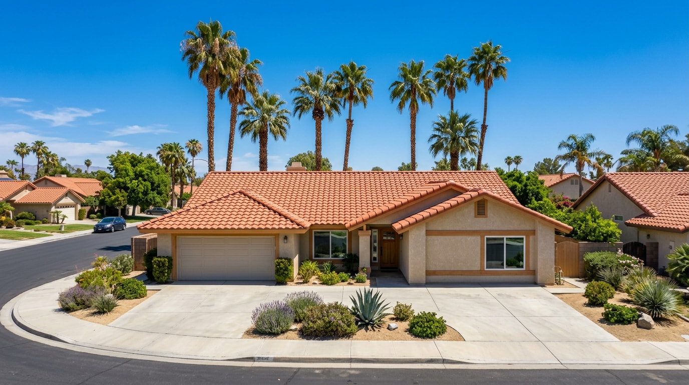 Freshly repaired tile roof on a home in Indio, CA under desert sunlight Freshly repaired tile roof on a home in Indio, CA under desert sunlight