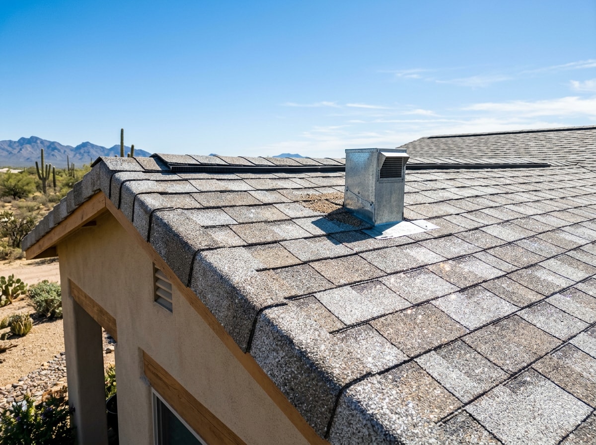 Finished reflective shingle roof on a desert home under bright sun