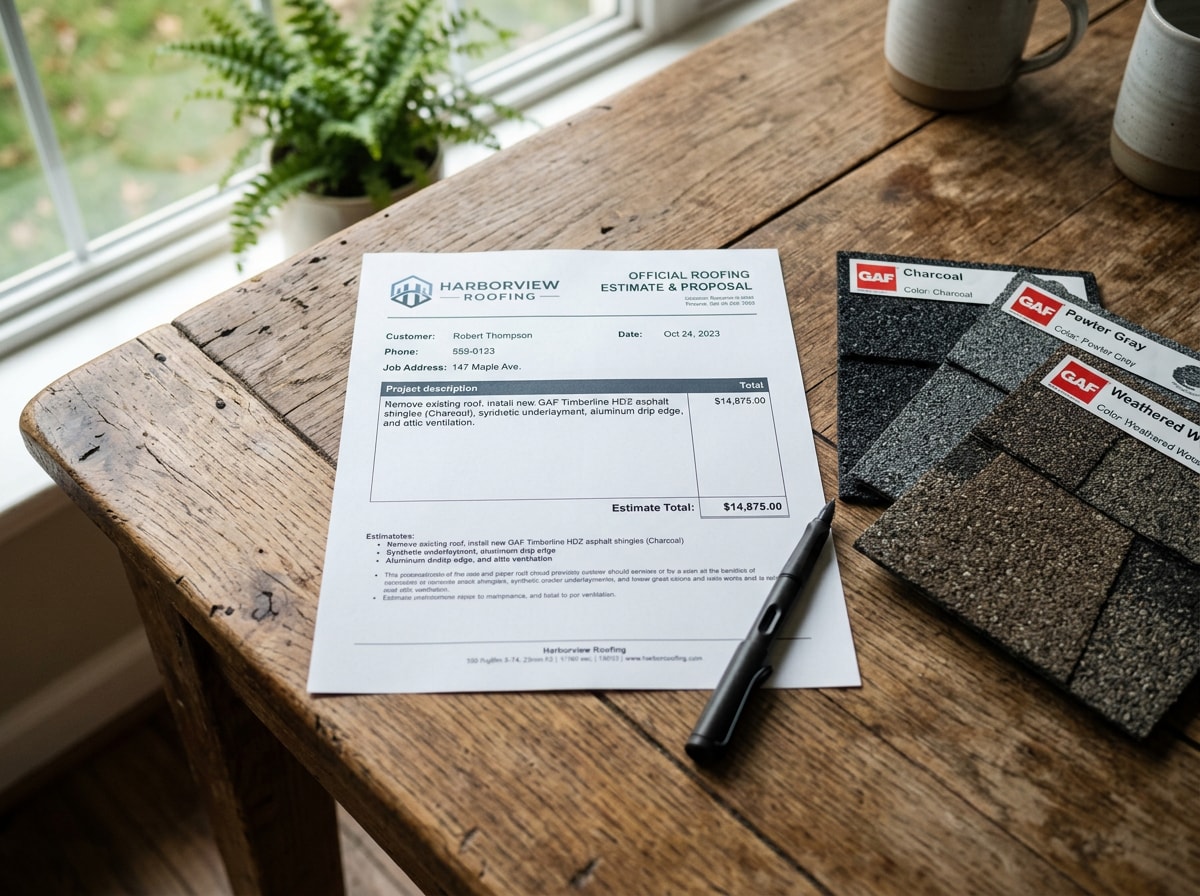 Close-up of a roofing estimate, financing paperwork, and shingle samples on a table