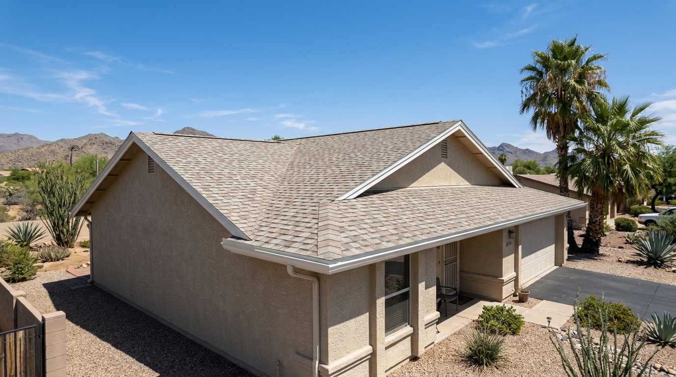 Newly installed heat-reflective shingle roof on a desert home in Desert Hot Springs, CA Newly installed heat-reflective shingle roof on a desert home in Desert Hot Springs, CA