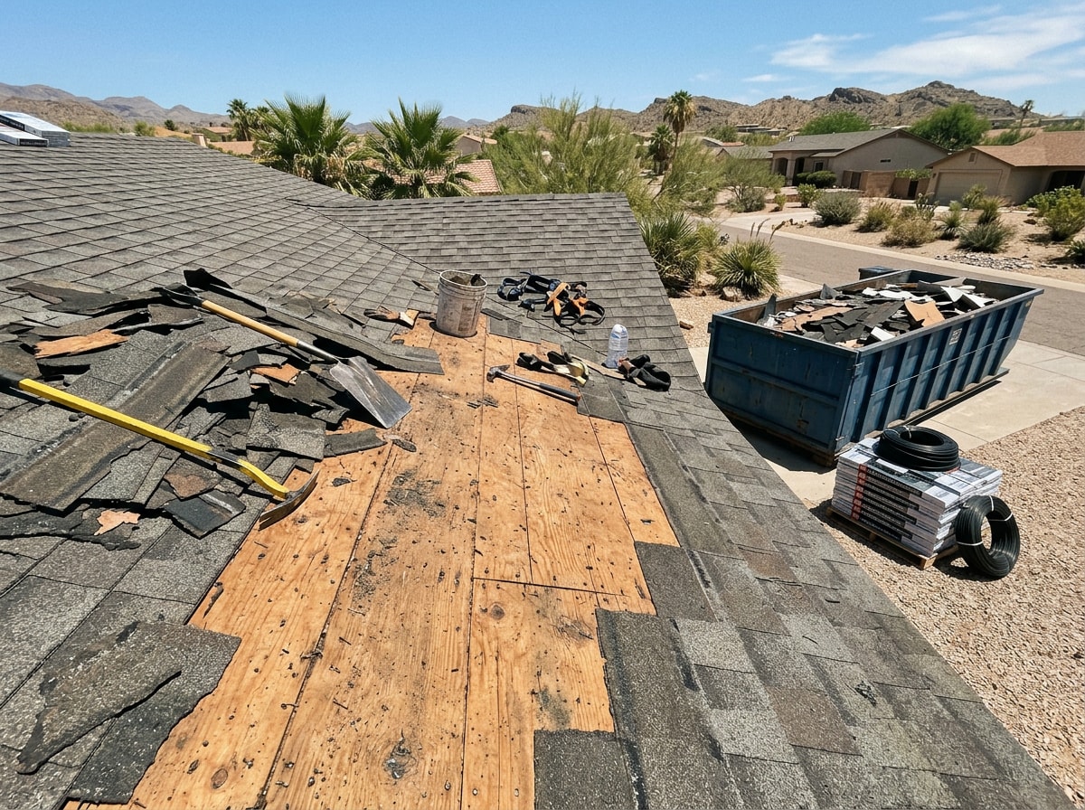 Roofing crew tearing off old shingles during a residential roof replacement in Palm Desert, CA