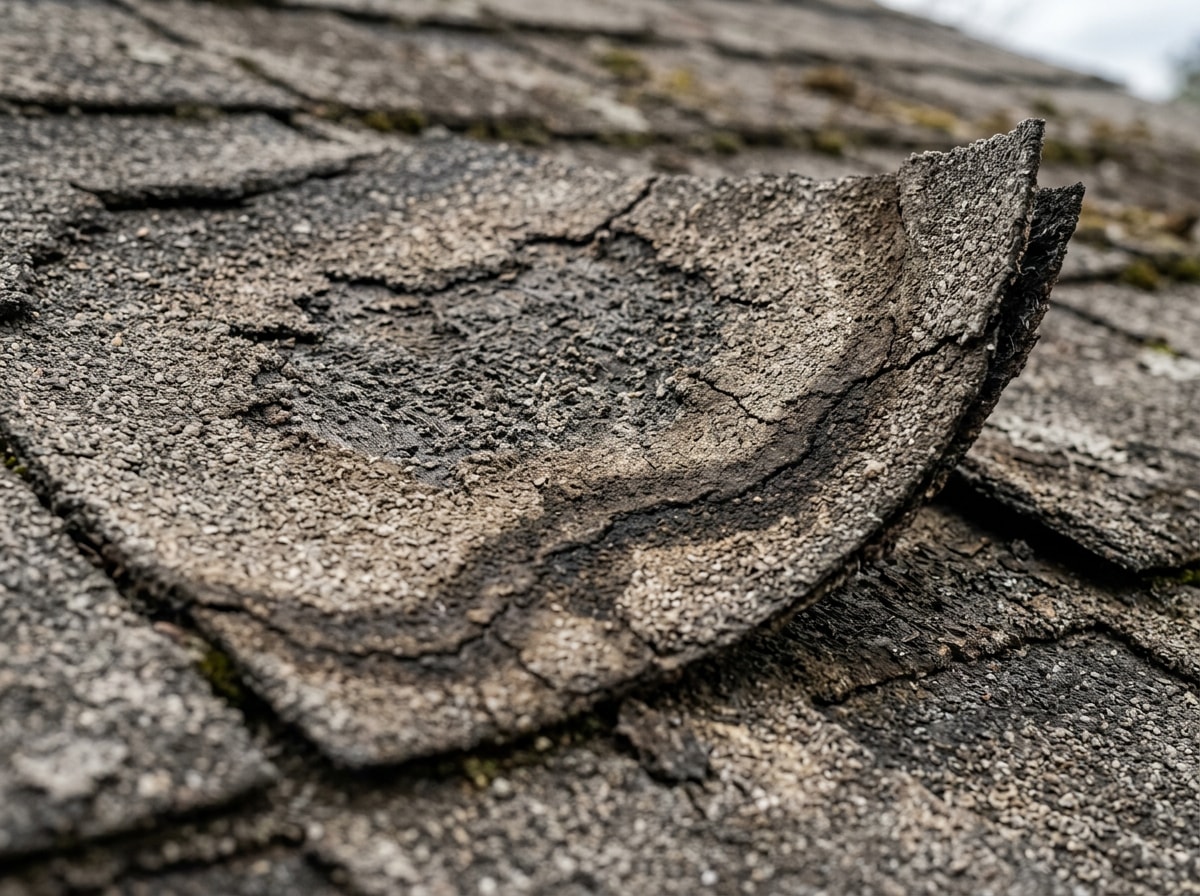 Close-up of a cracked roof shingle and water stain showing early signs of roof damage in Palm Desert