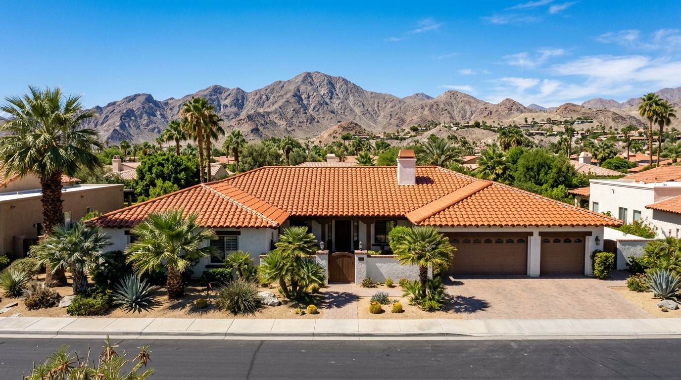 Finished tile roof replacement on a desert home in Palm Desert, CA