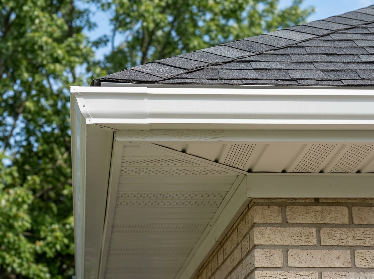 Diagram labeling roof eaves, soffit, and overhang on a residential roof edge