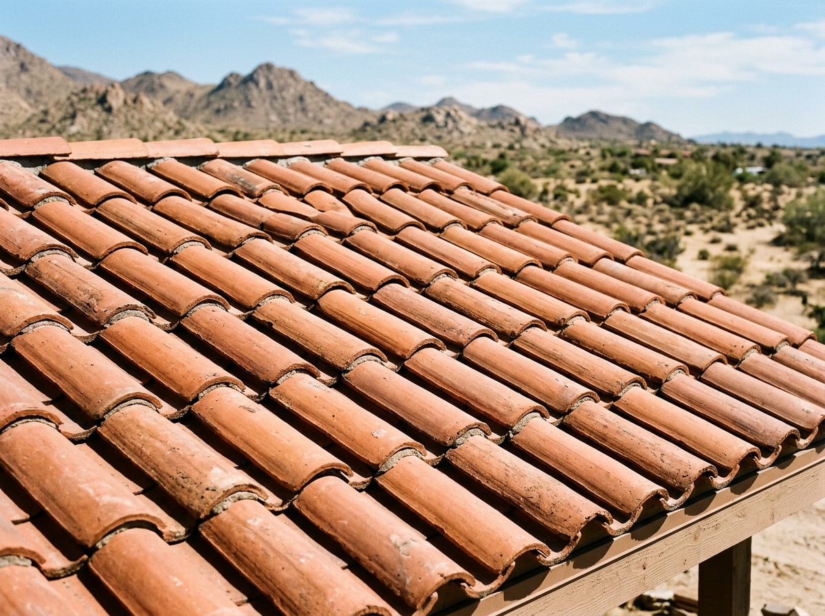 Close-up of red clay roof tiles installed on a residential pitched roof