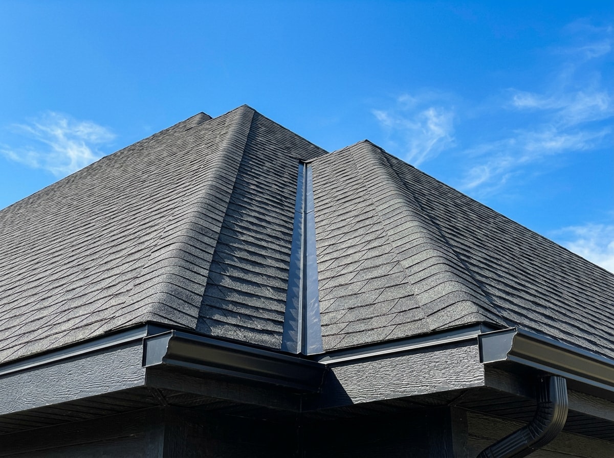 Labeled infographic showing roof anatomy terms including ridge, valley, eaves, and flashing