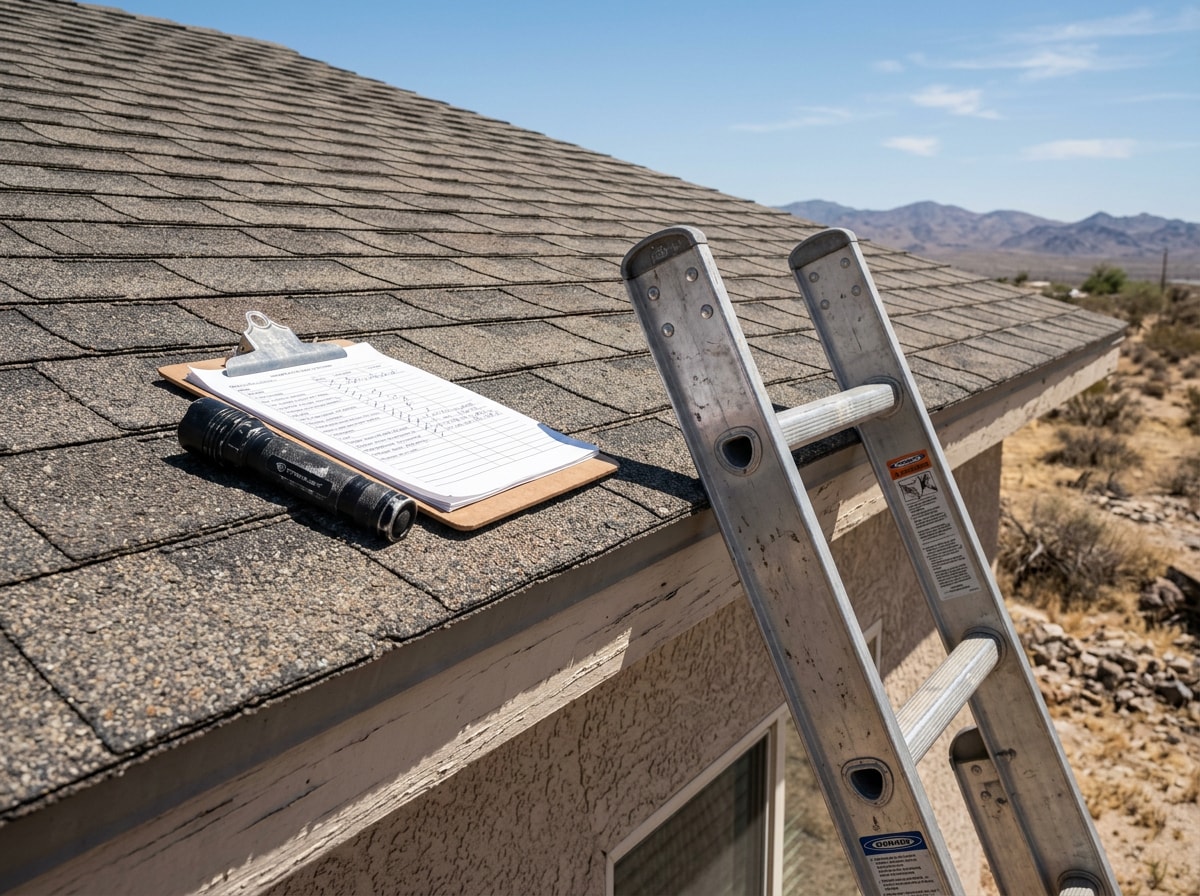 Roofer inspecting an asphalt shingle roof during a replacement project near the Salton Sea, CA