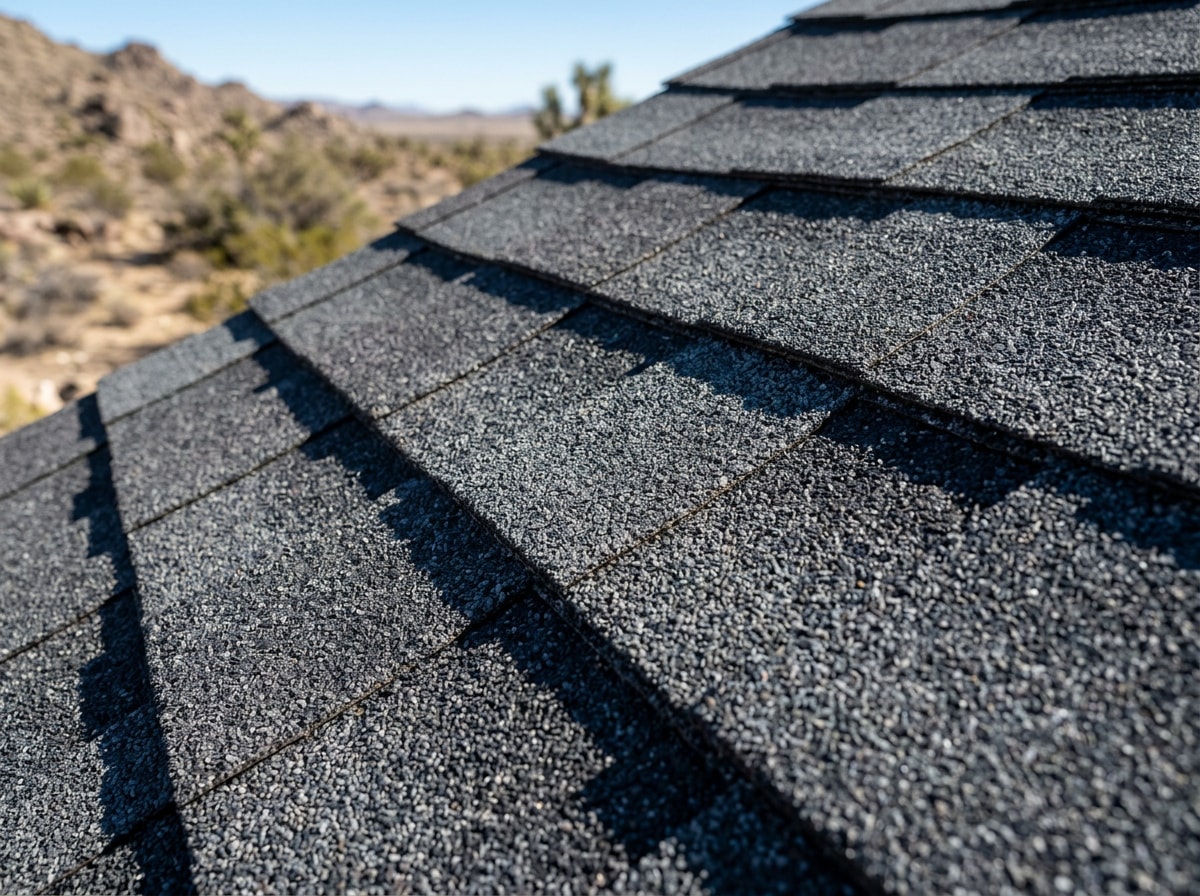 Close-up of architectural asphalt shingles installed on a desert home roof near the Salton Sea