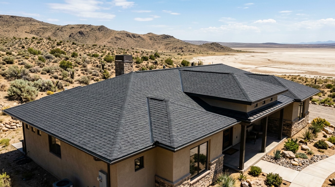 Finished shingle roof replacement on a desert home near the Salton Sea, CA