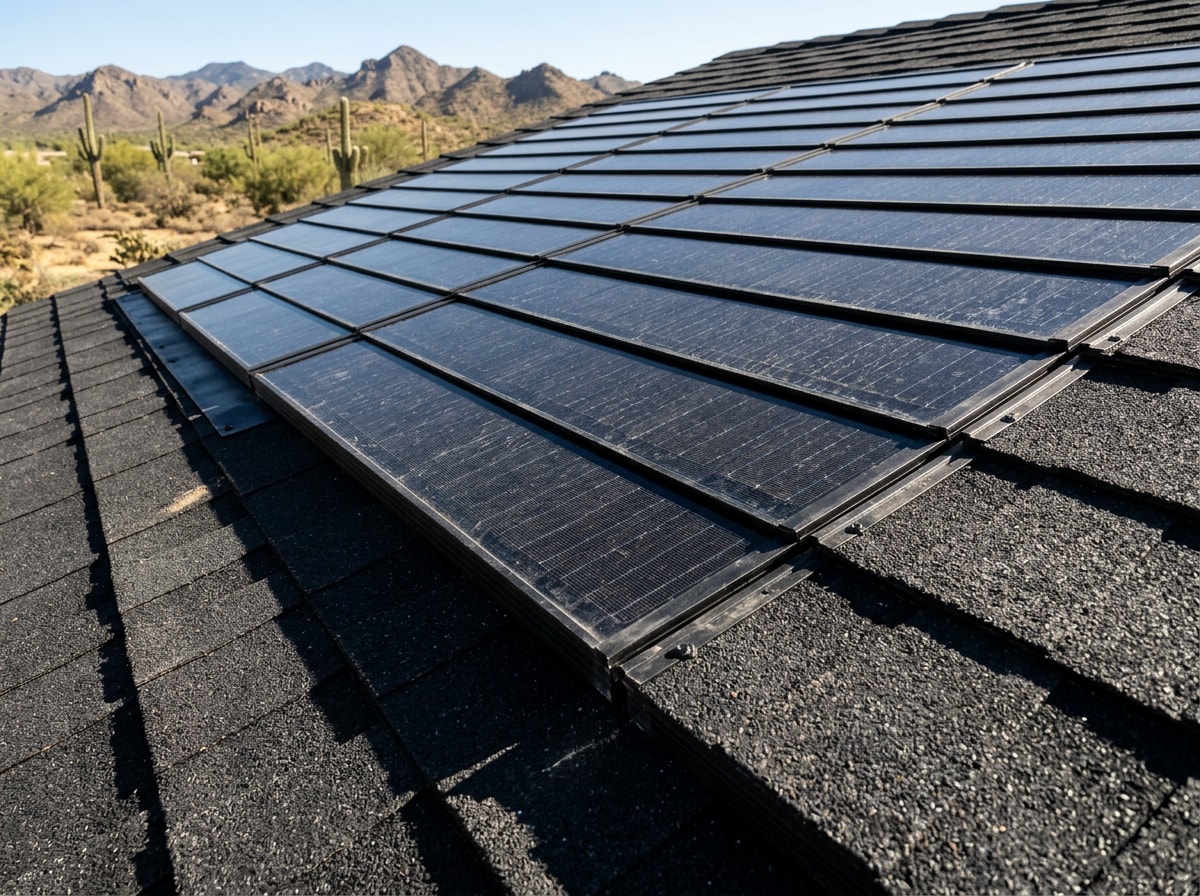 Solar roofing shingles installed on a desert-modern home roof under intense Palm Springs sun exposure