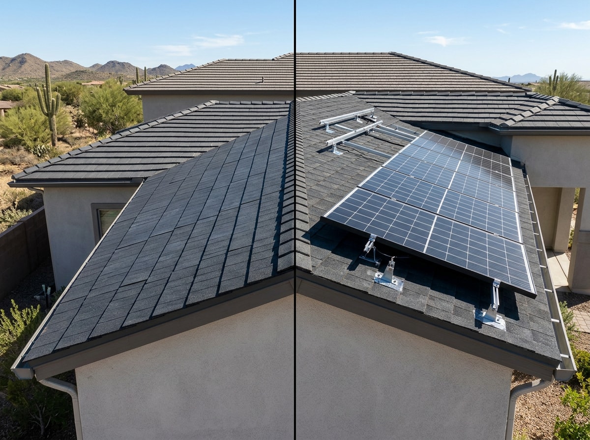 Side-by-side comparison of GAF Timberline Solar and CertainTeed Apollo II shingles on residential roofs