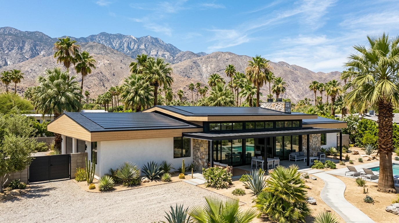 Modern Palm Springs home with integrated solar roofing shingles under desert sun