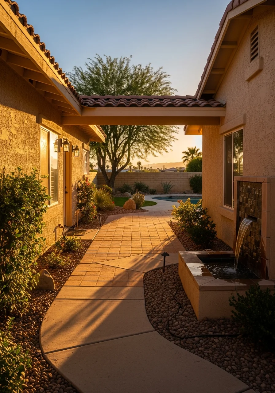Close-up of Desert Hot Springs property showing water features and maintained grounds.