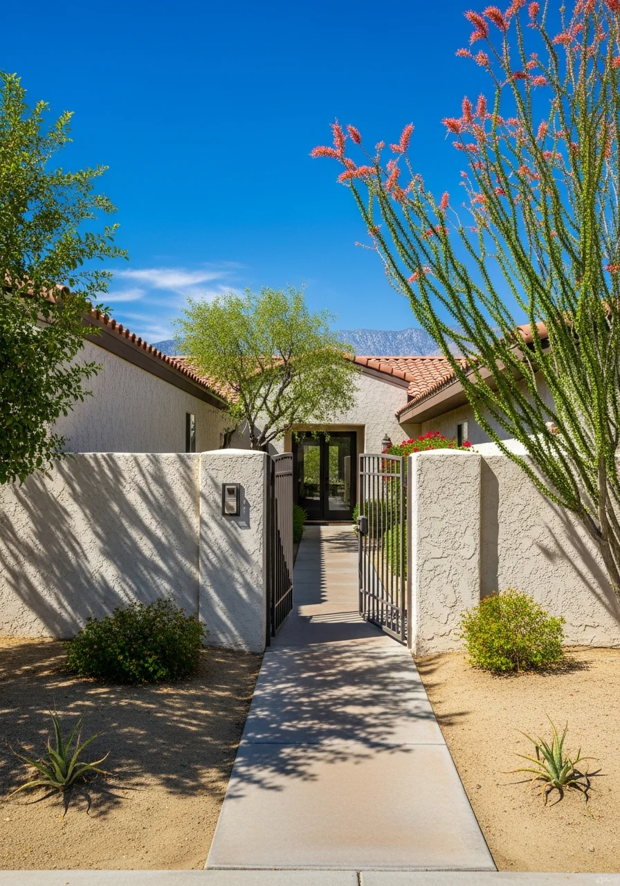 Indio property entrance with landscaping and clear desert sky in background.